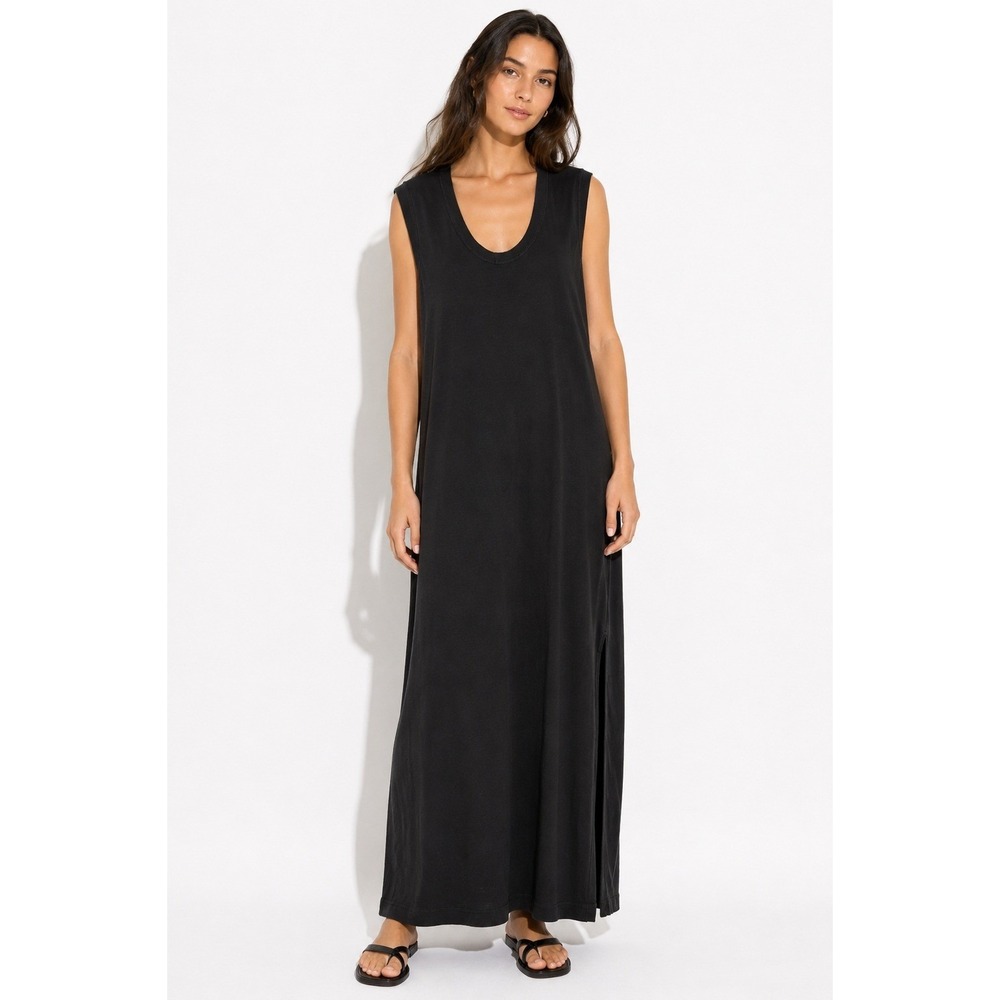 Marina Moscone Black Cotton Ribbed Side Panel Sleeveless Maxi Dress Size L Italy
